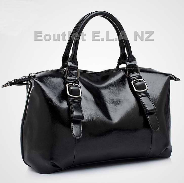 BUCKLE DECO GENUINE LEATHER HANDBAG-BLACK